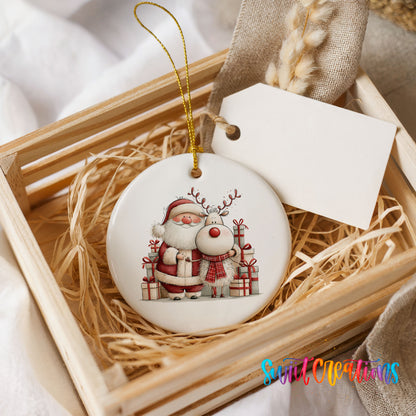 Santa Claus and reindeer beside wrapped Christmas gifts ceramic Christmas ornament displayed in a wooden gift crate