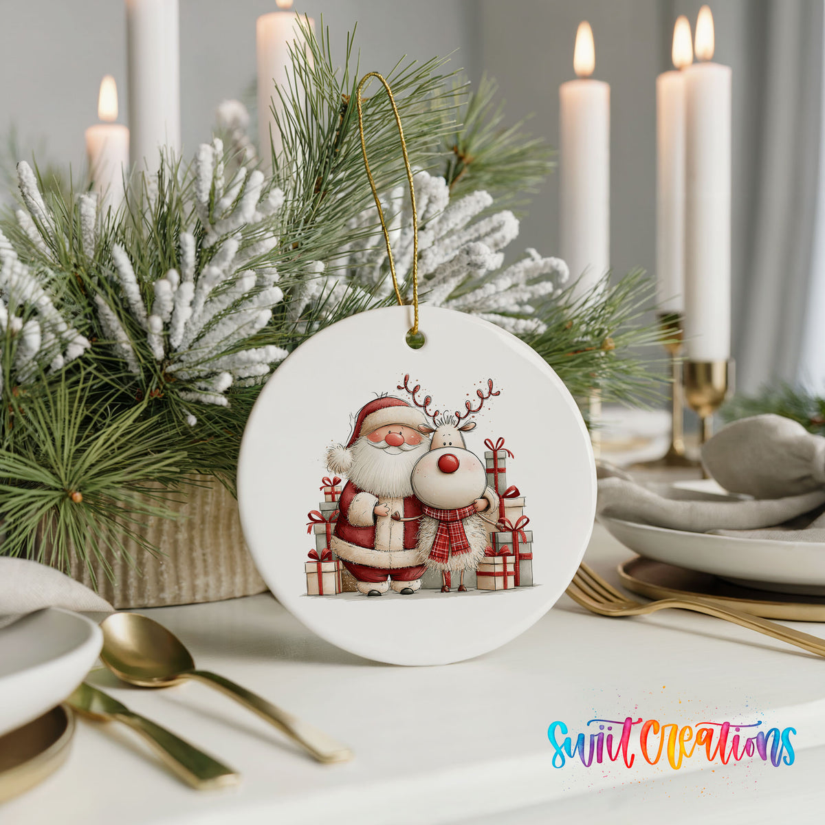 Santa Claus and reindeer beside wrapped Christmas gifts ceramic Christmas ornament shown in a holiday table setting