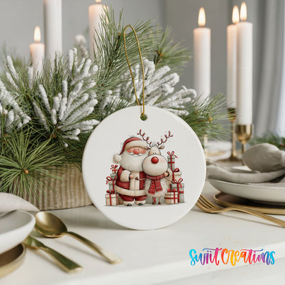 Santa Claus and reindeer beside wrapped Christmas gifts ceramic Christmas ornament shown in a holiday table setting