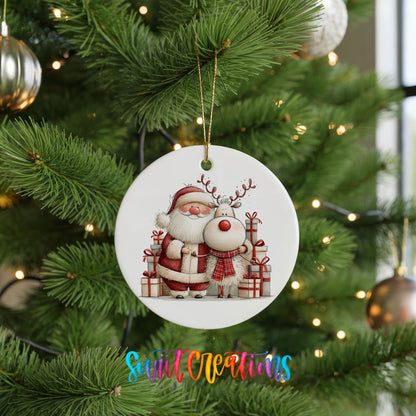 Santa Claus and reindeer beside wrapped Christmas gifts ceramic Christmas ornament hanging on a lit Christmas tree