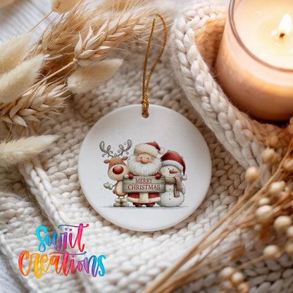 Santa Claus with a reindeer and snowman holding a Merry Christmas sign ceramic Christmas ornament styled on a cozy knit blanket