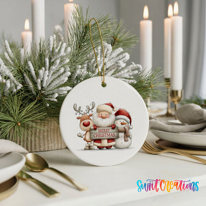 Santa Claus with a reindeer and snowman holding a Merry Christmas sign ceramic Christmas ornament shown in a holiday table setting
