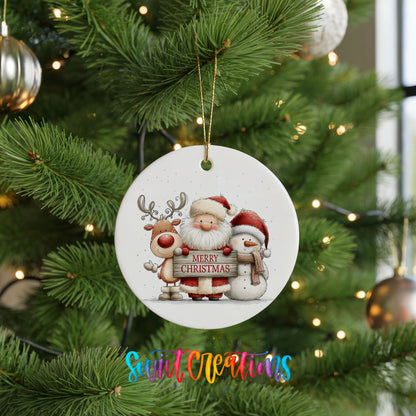 Santa Claus with a reindeer and snowman holding a Merry Christmas sign ceramic Christmas ornament hanging on a lit Christmas tree