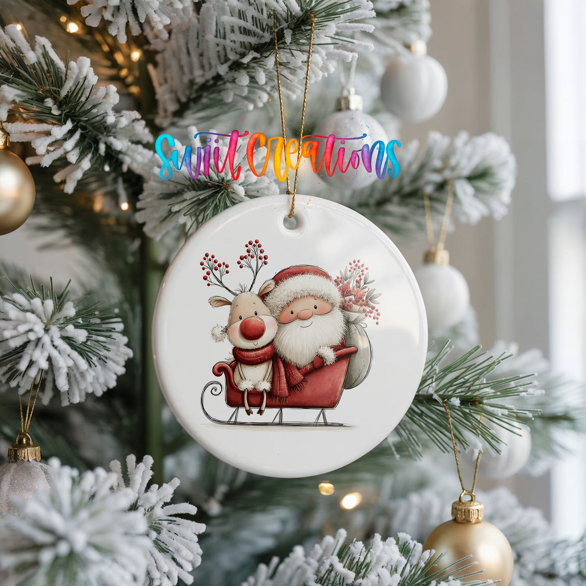 Santa Claus riding in a sleigh with a reindeer ceramic Christmas ornament hanging on a frosted Christmas tree