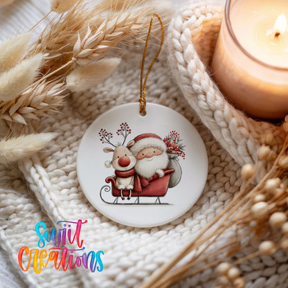 Santa Claus riding in a sleigh with a reindeer ceramic Christmas ornament styled on a cozy knit blanket