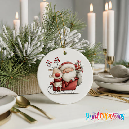 Santa Claus riding in a sleigh with a reindeer ceramic Christmas ornament shown in a holiday table setting