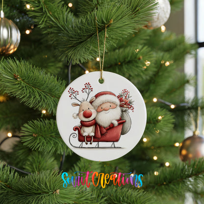 Santa Claus riding in a sleigh with a reindeer ceramic Christmas ornament hanging on a lit Christmas tree