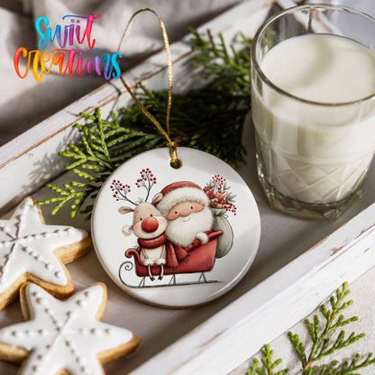 Santa Claus riding in a sleigh with a reindeer ceramic Christmas ornament styled with holiday cookies and a candle