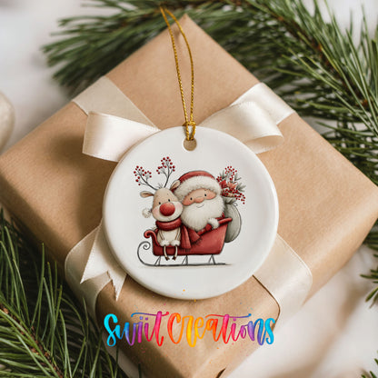 Santa Claus riding in a sleigh with a reindeer ceramic Christmas ornament displayed on a wrapped Christmas gift