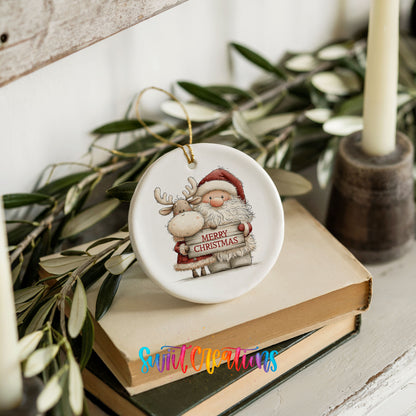 Santa Claus hugging a reindeer holding a Merry Christmas sign ceramic Christmas ornament styled on stacked books with greenery