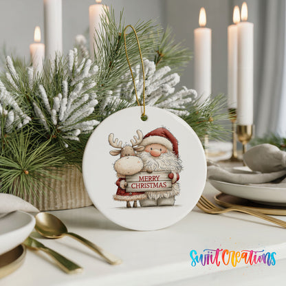 Santa Claus hugging a reindeer holding a Merry Christmas sign ceramic Christmas ornament shown in a holiday table setting