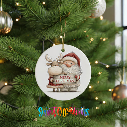 Santa Claus hugging a reindeer holding a Merry Christmas sign ceramic Christmas ornament hanging on a lit Christmas tree