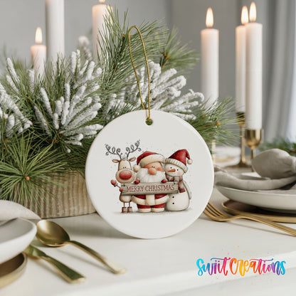 Santa Claus with a reindeer and snowman holding a Merry Christmas sign ceramic Christmas ornament shown in a holiday table setting