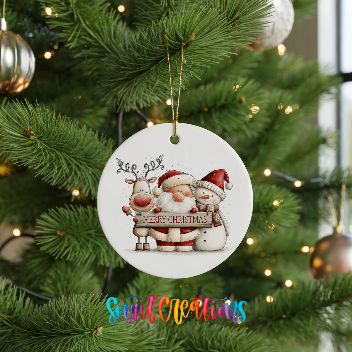 Santa Claus with a reindeer and snowman holding a Merry Christmas sign ceramic Christmas ornament hanging on a lit Christmas tree