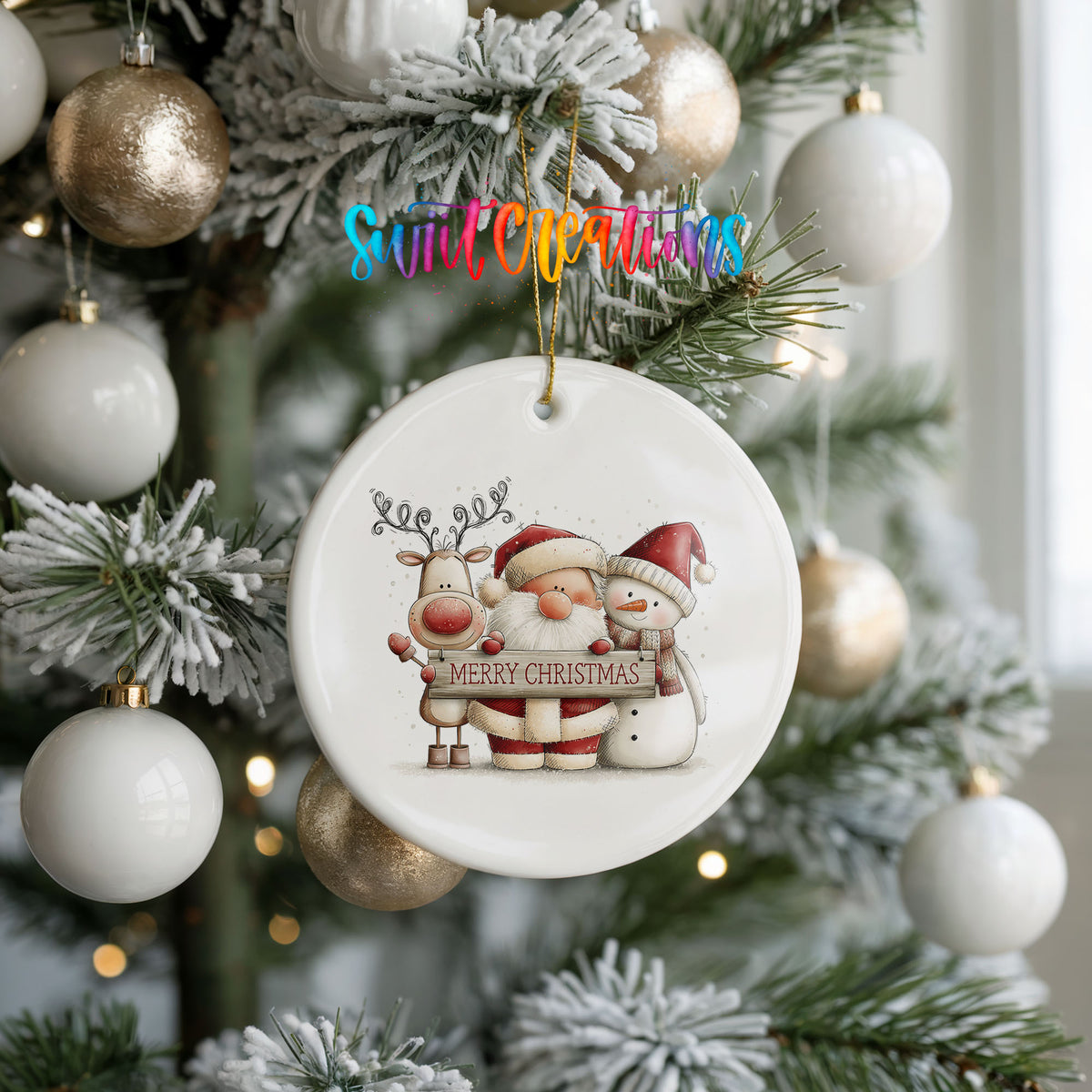 Santa Claus with a reindeer and snowman holding a Merry Christmas sign ceramic Christmas ornament hanging on a frosted tree with ornaments