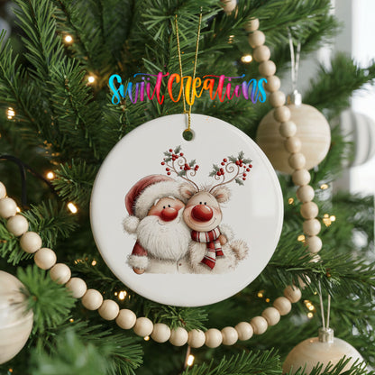 Santa Claus hugging a reindeer with holly antlers ceramic Christmas ornament hanging on a green Christmas tree