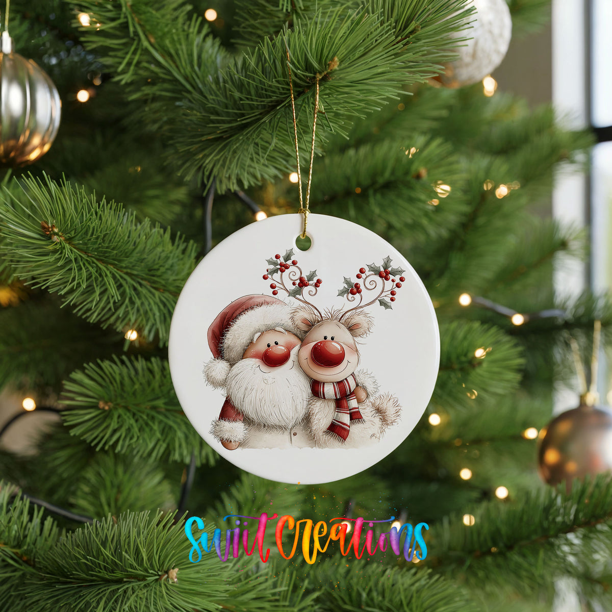 Santa Claus hugging a reindeer with holly antlers ceramic Christmas ornament hanging on a lit Christmas tree