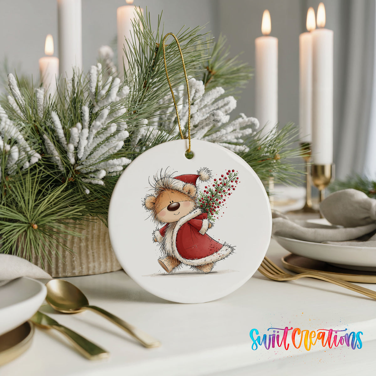 teddy bear carrying a red Christmas sack with winter greenery ceramic Christmas ornament shown in a holiday table setting
