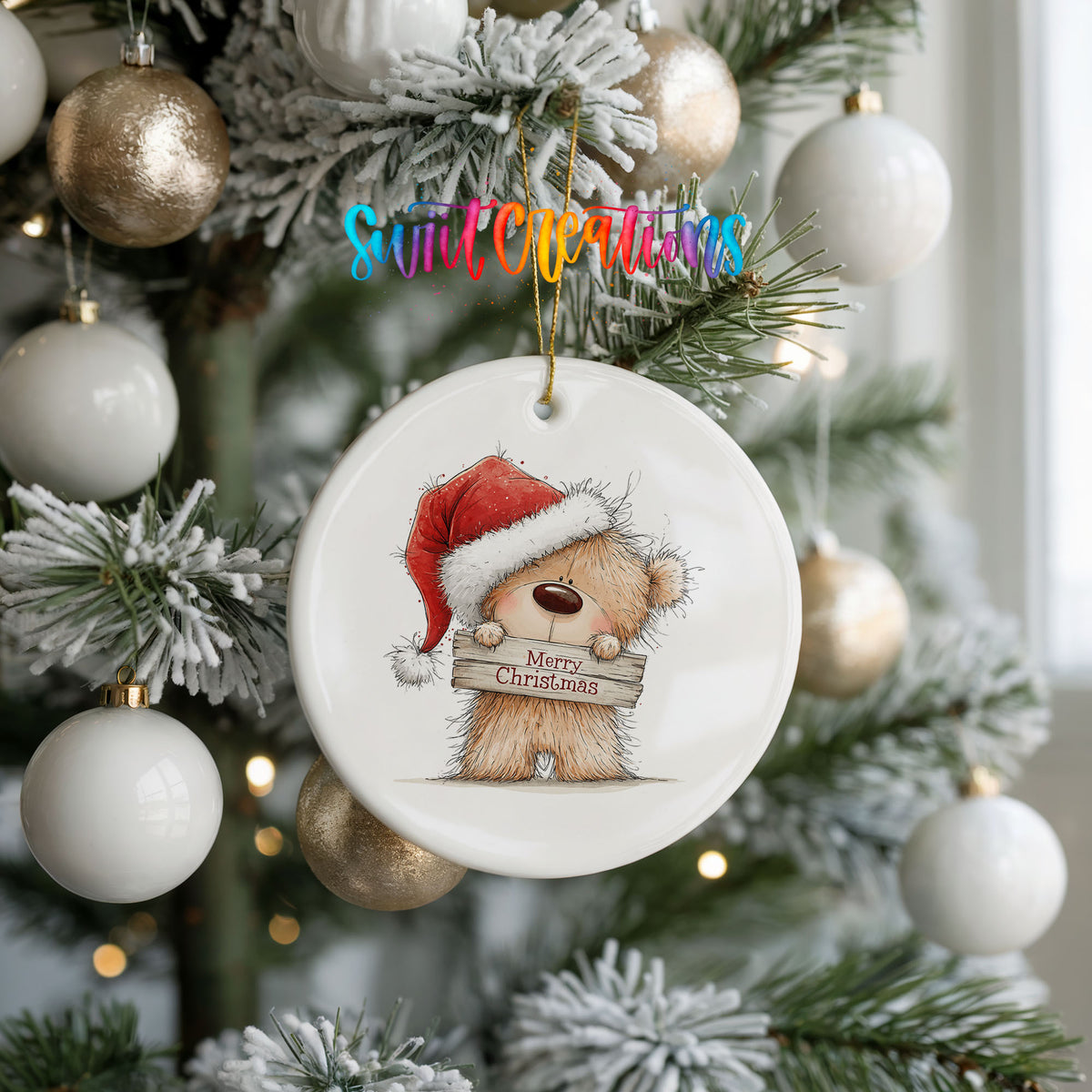teddy bear in a Santa hat holding a Merry Christmas sign ceramic Christmas ornament hanging on a frosted tree with ornaments