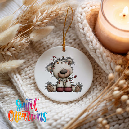 reindeer with decorated antlers and winter ornaments ceramic Christmas ornament styled on a cozy knit blanket