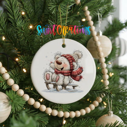 polar bear in a red winter scarf playing in the snow ceramic Christmas ornament hanging on a green Christmas tree