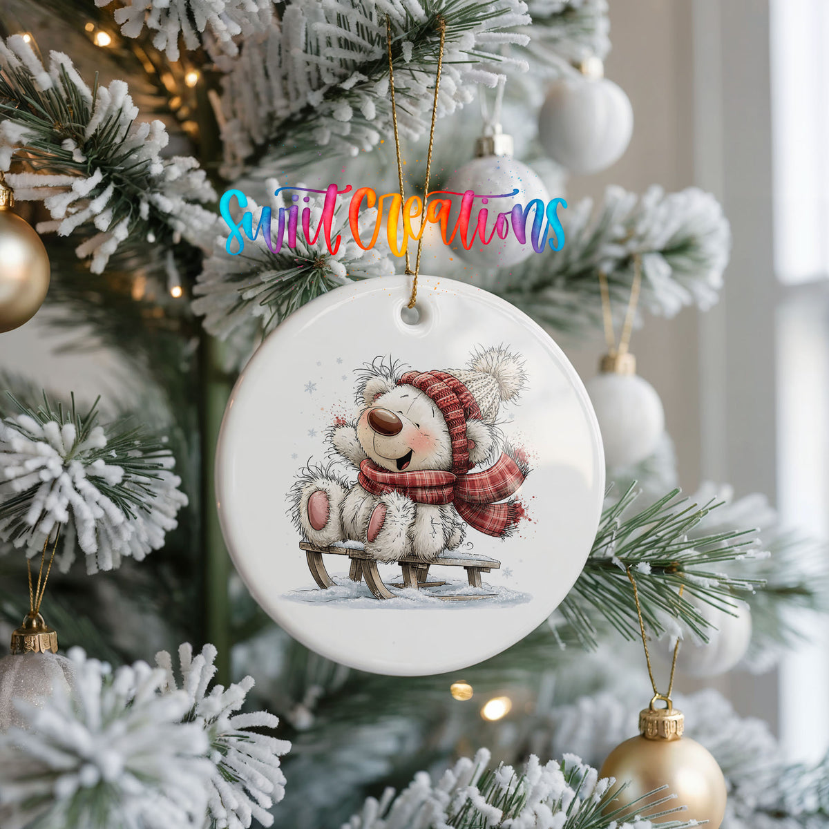 polar bear in a red winter scarf playing in the snow ceramic Christmas ornament hanging on a frosted Christmas tree