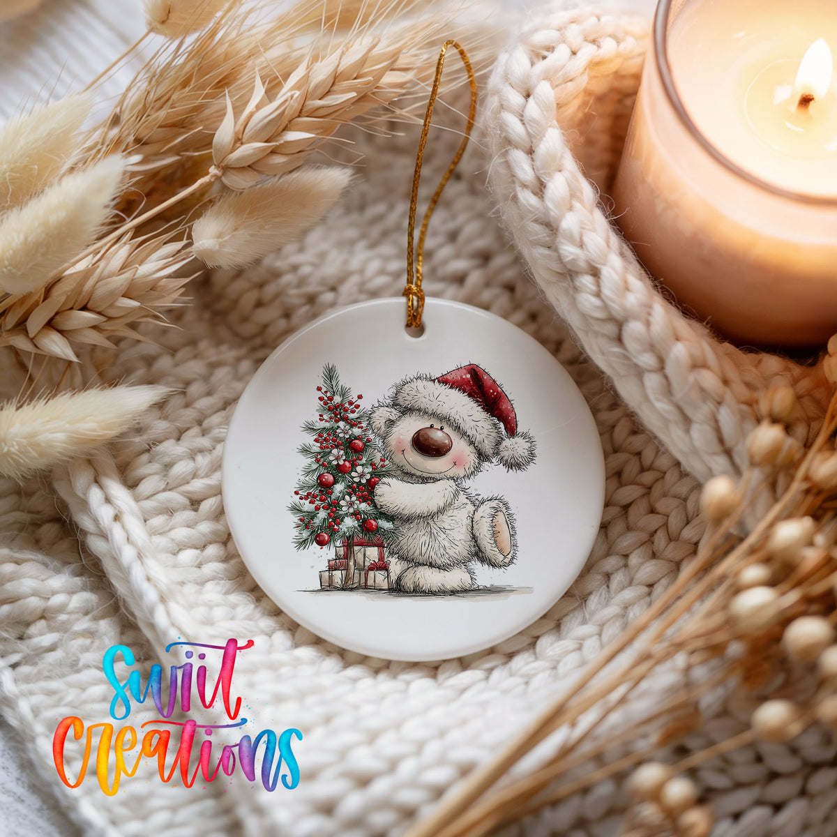 polar bear beside a decorated Christmas tree and gifts ceramic Christmas ornament styled on a cozy knit blanket