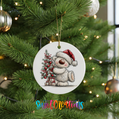 polar bear beside a decorated Christmas tree and gifts ceramic Christmas ornament hanging on a lit Christmas tree