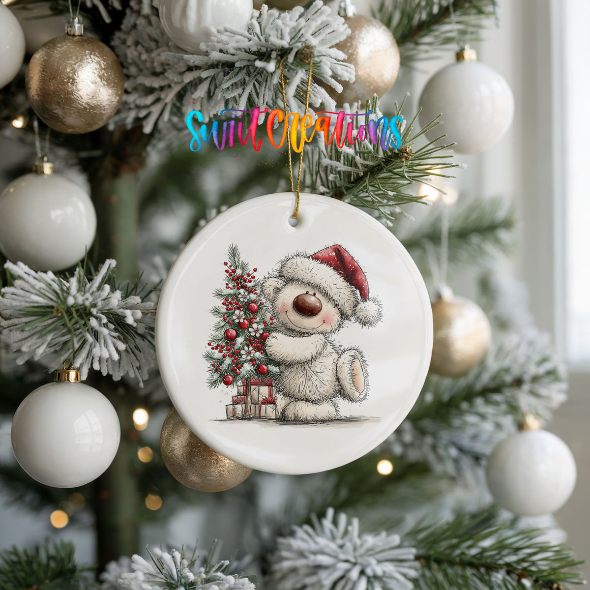 polar bear beside a decorated Christmas tree and gifts ceramic Christmas ornament hanging on a frosted tree with ornaments