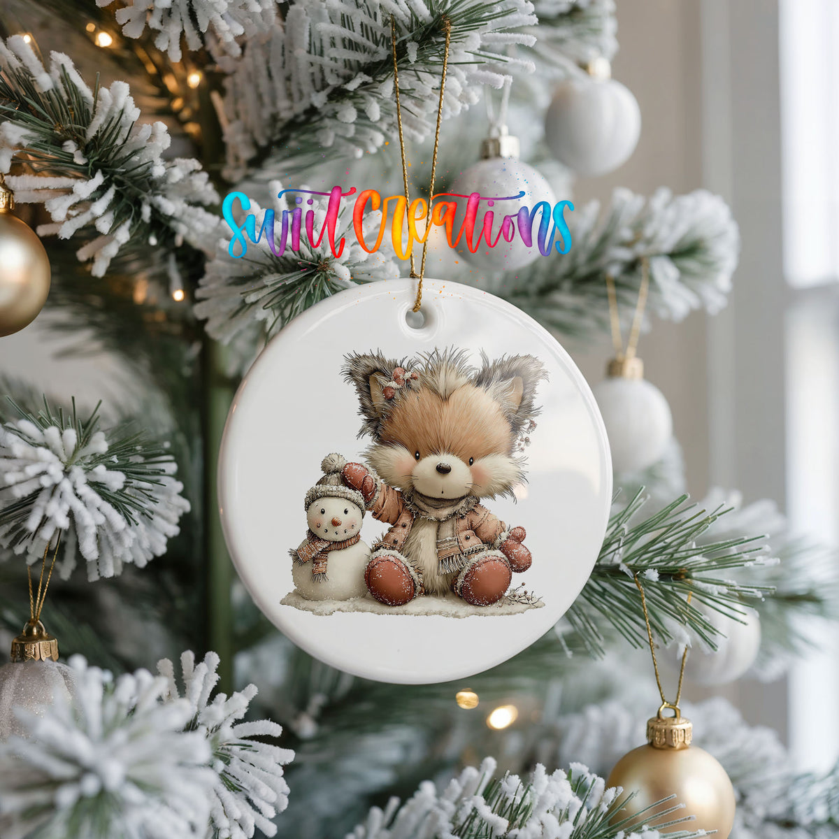 winter fox cuddling a small snowman ceramic Christmas ornament hanging on a frosted Christmas tree