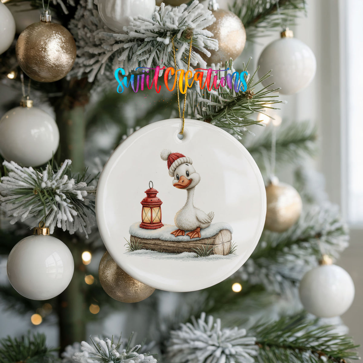 Christmas goose standing beside a red lantern ceramic Christmas ornament hanging on a frosted tree with ornaments