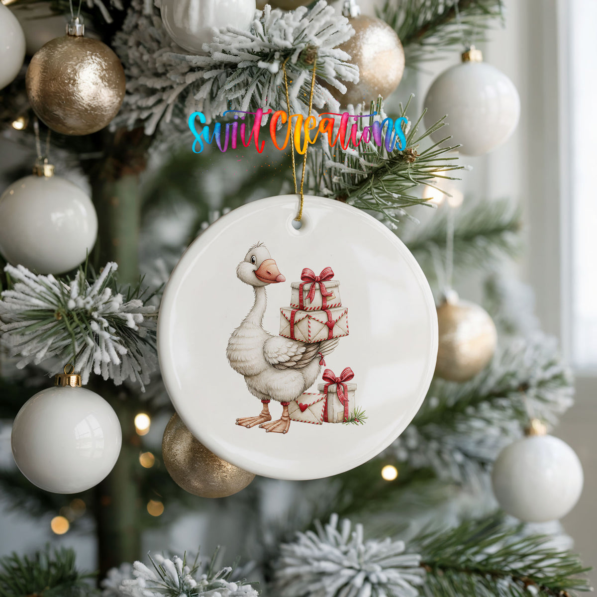 Christmas goose carrying a stack of wrapped gifts ceramic Christmas ornament hanging on a frosted tree with ornaments