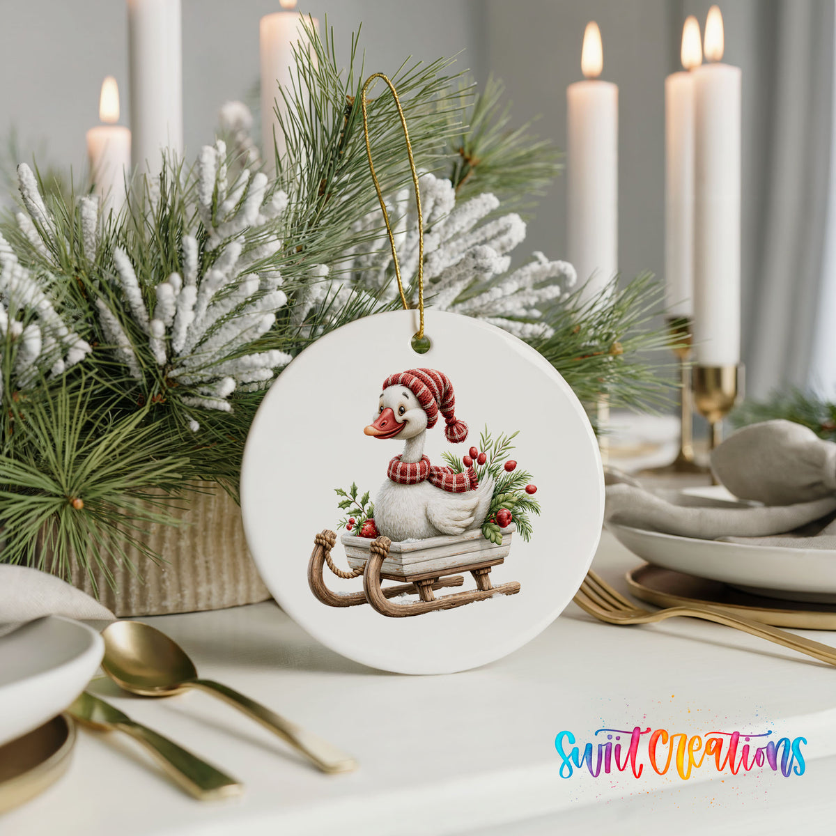 Christmas goose riding on a wooden sled ceramic Christmas ornament shown in a holiday table setting