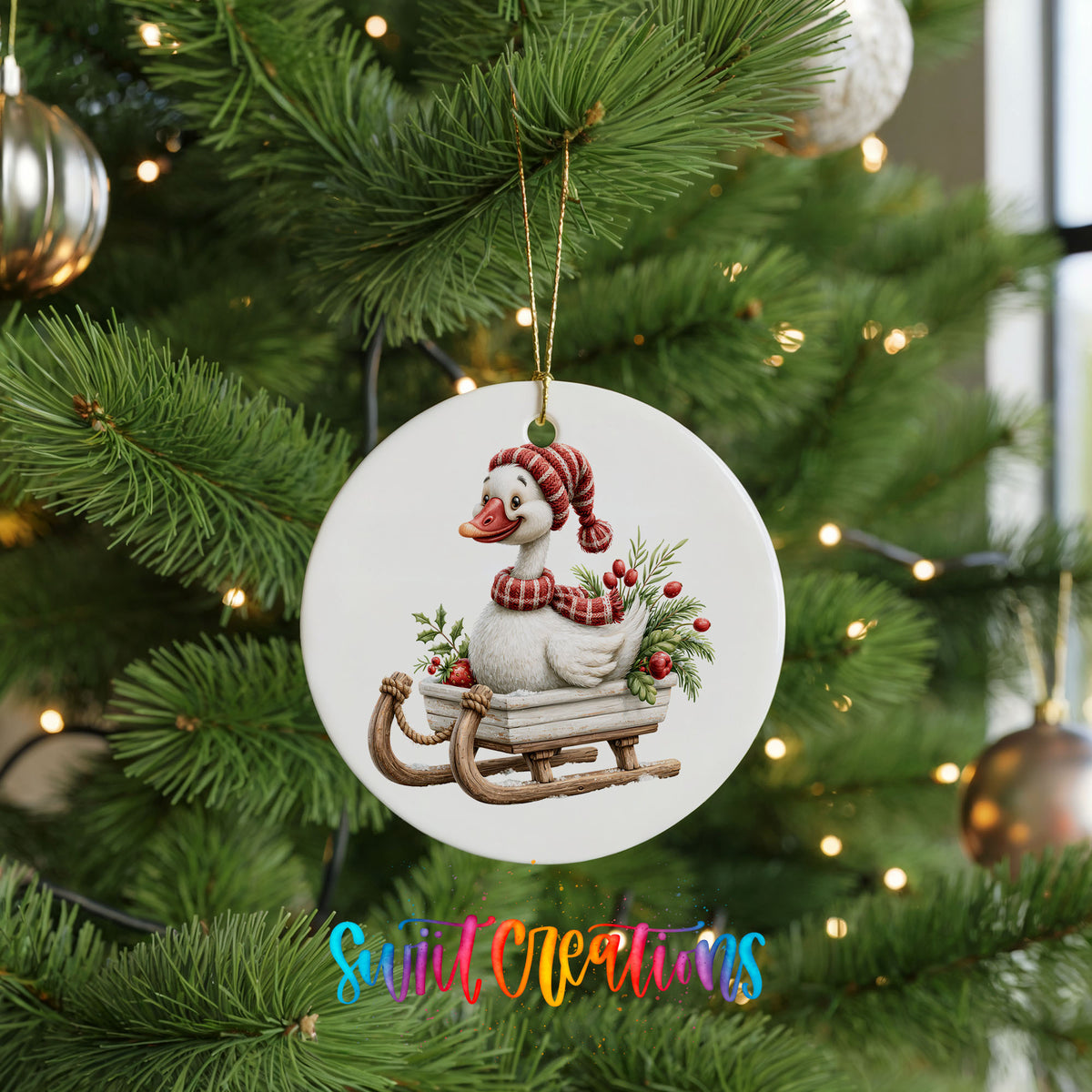 Christmas goose riding on a wooden sled ceramic Christmas ornament hanging on a lit Christmas tree