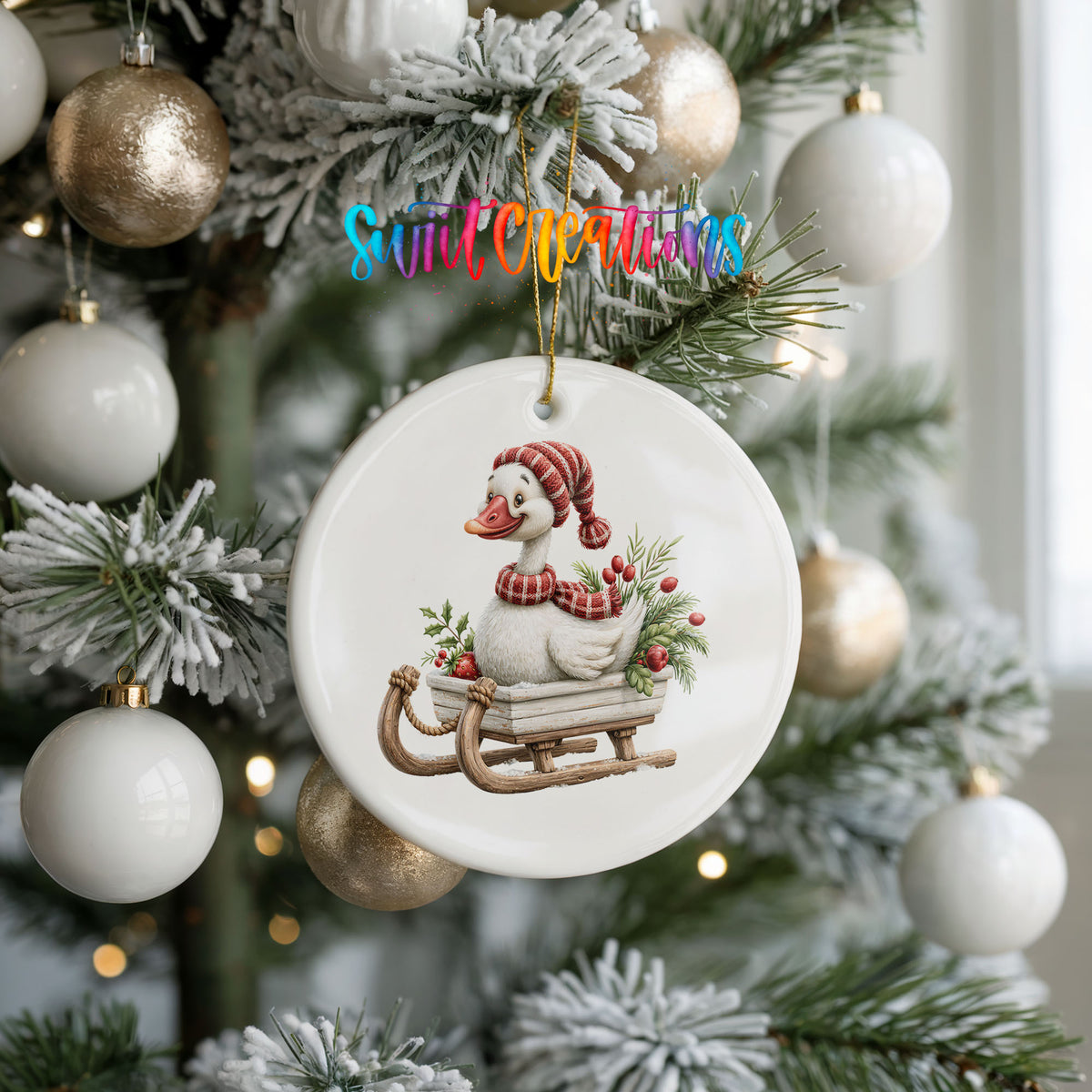 Christmas goose riding on a wooden sled ceramic Christmas ornament hanging on a frosted tree with ornaments