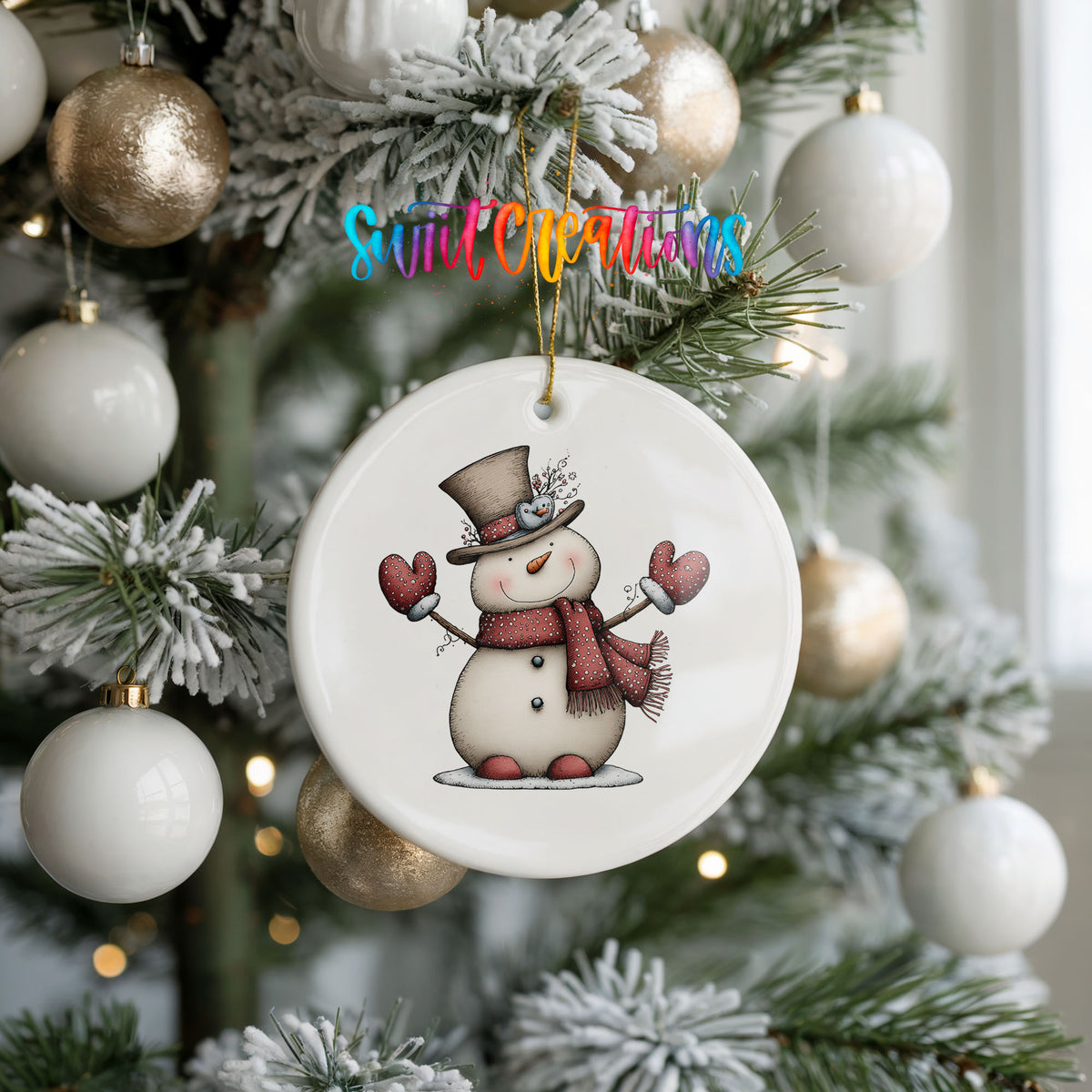 snowman in a top hat with red heart mittens ceramic Christmas ornament hanging on a frosted tree with ornaments