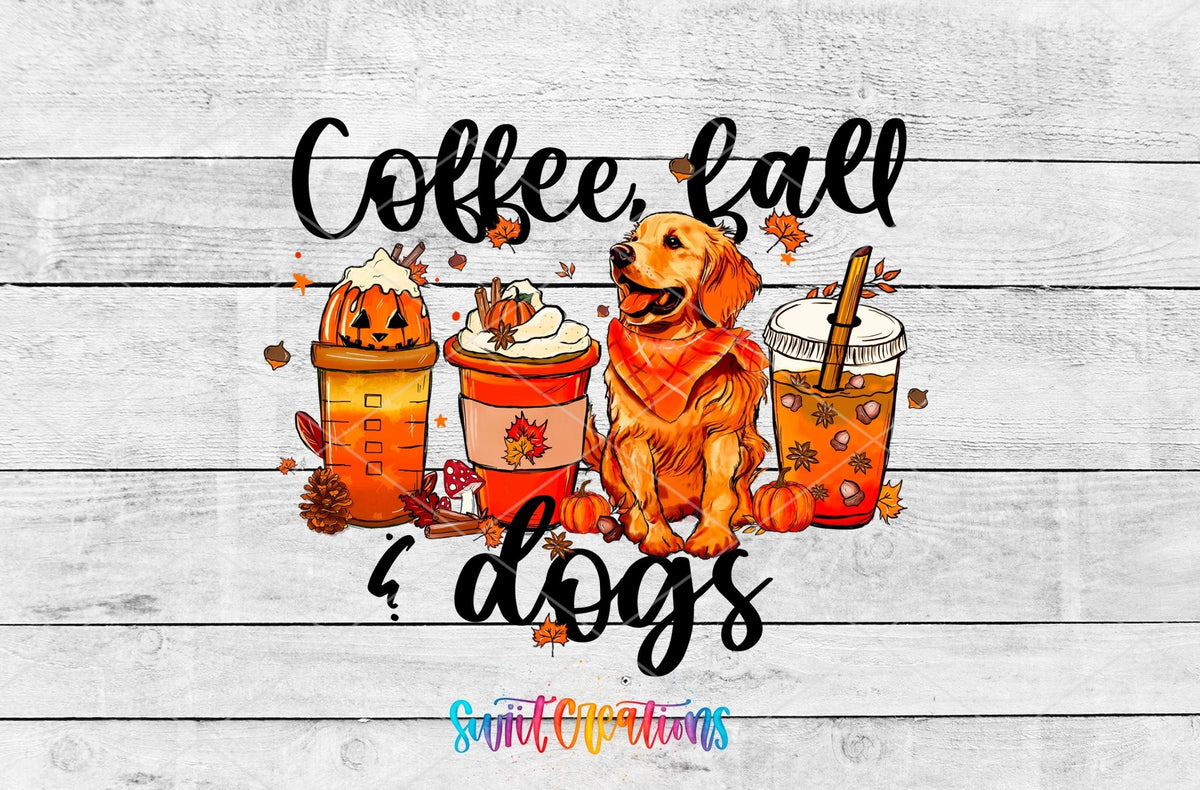 Coffee, Fall and Dogs UV DTF wrap artwork on a white wood background