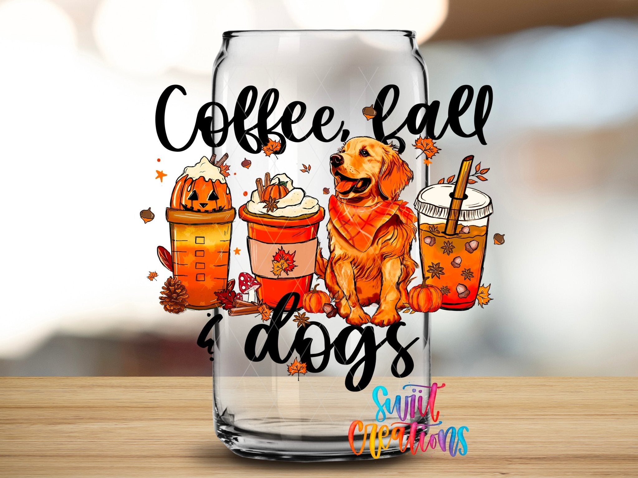Coffee Fall Dogs UV DTF Transfer Tumbler Wrap | Golden Retriever Pumpkin Spice Cup Decal | DTF243 - Swiit Creations
