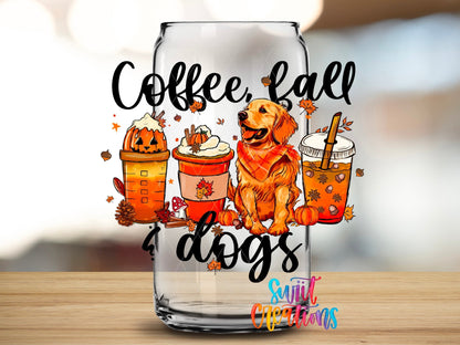 Close-up of the Coffee, Fall and Dogs UV DTF wrap on a clear glass can