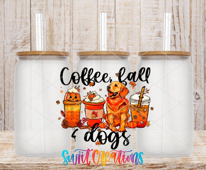 Coffee, Fall and Dogs UV DTF wrap on three clear glass cans with bamboo lids