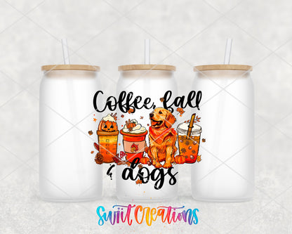 Coffee, Fall and Dogs UV DTF wrap on three frosted glass cans