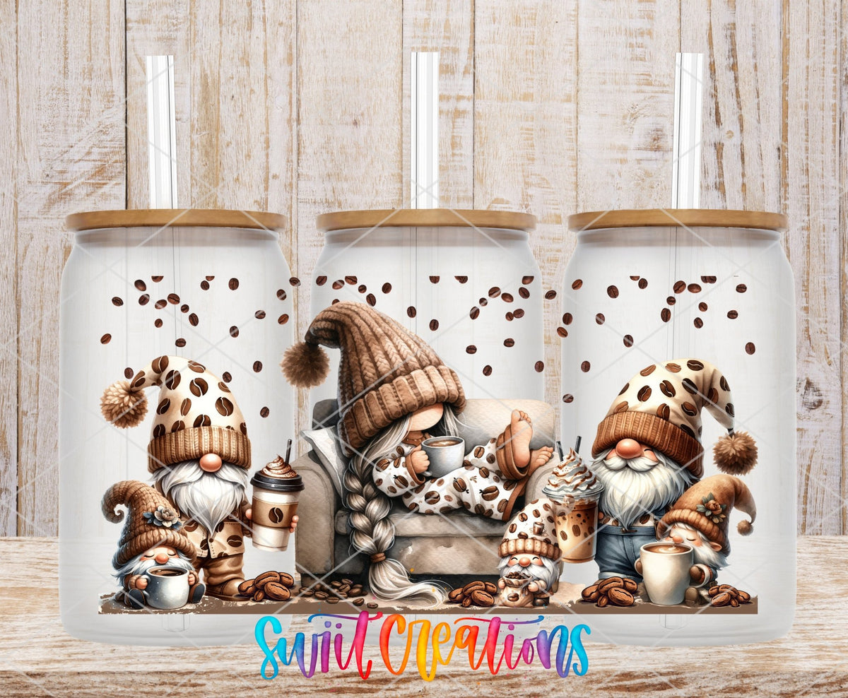Coffee Gnomes UV DTF full wrap on three clear glass cans with bamboo lids