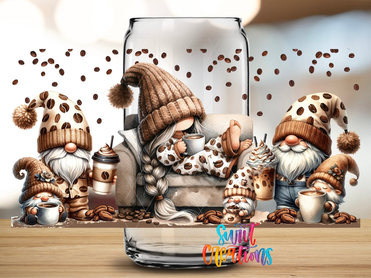Close-up of the Coffee Gnomes UV DTF full wrap on a clear glass can
