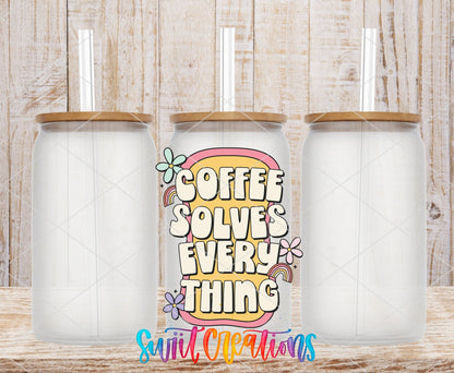 Coffee Solves Everything UV DTF transfer on frosted glass cans with bamboo lids