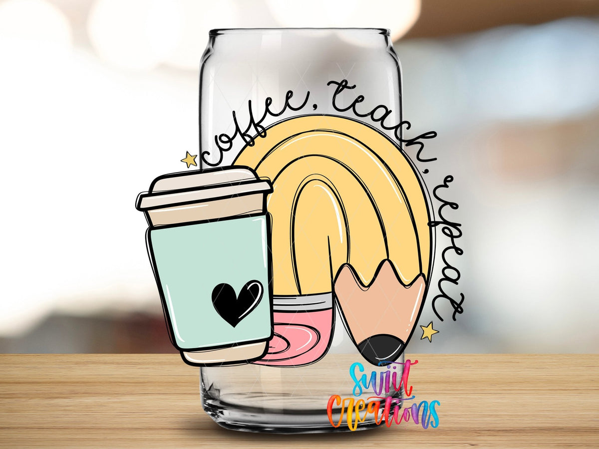 Close-up of the Coffee Teach Repeat UV DTF transfer on a clear glass can