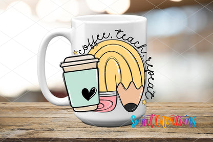 Coffee Teach Repeat UV DTF transfer on a white ceramic coffee mug