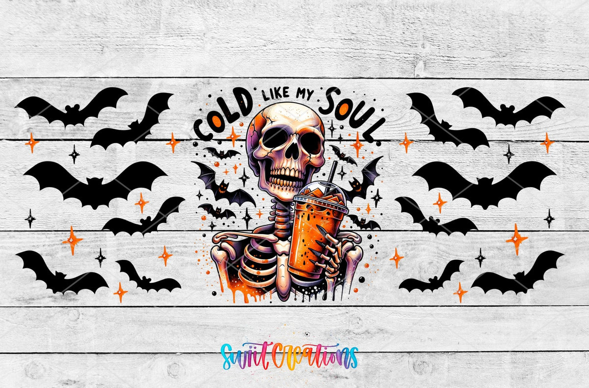 Cold Like My Soul UV DTF full wrap artwork on a white wood background