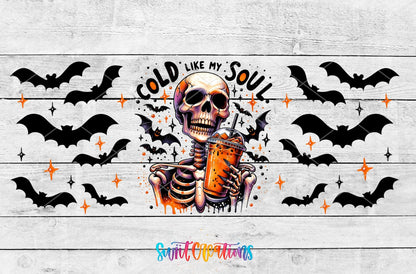 Cold Like My Soul UV DTF full wrap artwork on a white wood background