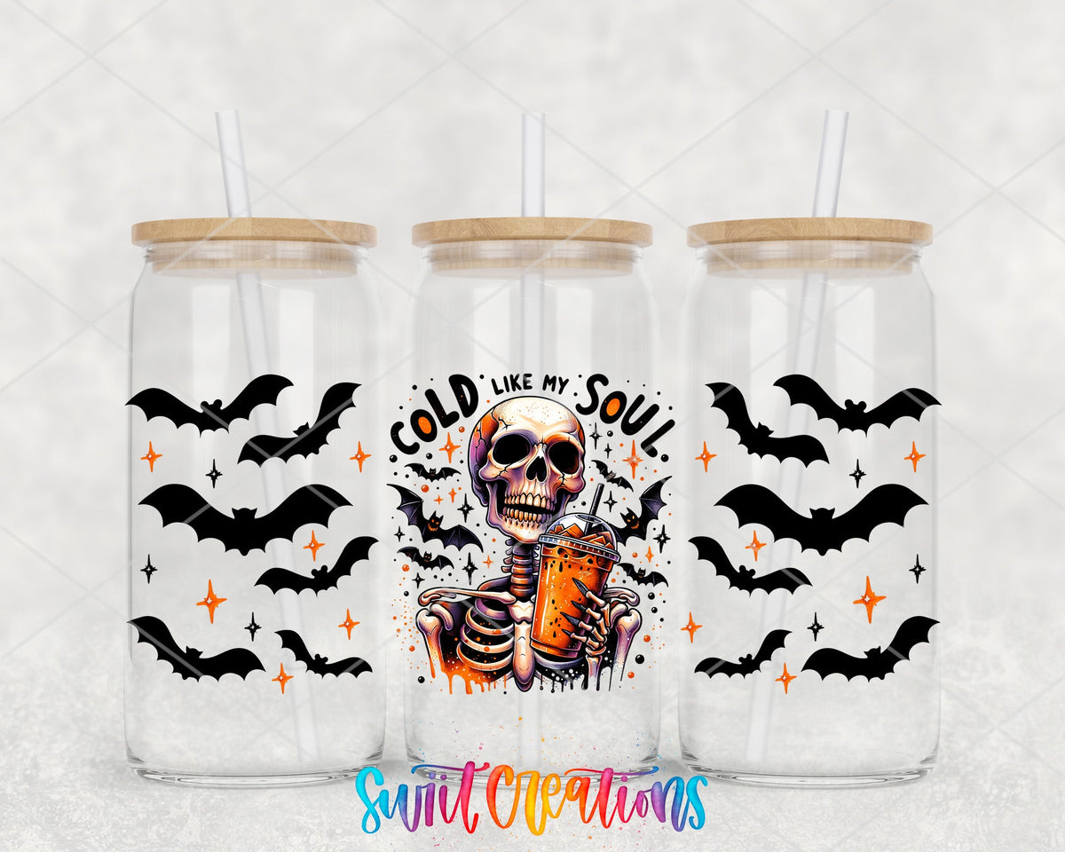 Cold Like My Soul UV DTF full wrap on three glass cans