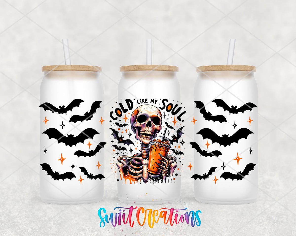 Cold Like My Soul UV DTF full wrap on three frosted glass cans